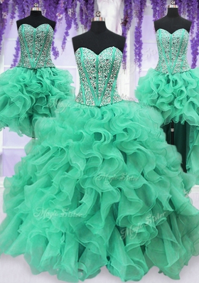 Four Piece Turquoise Organza Lace Up Sweetheart Sleeveless Floor Length 15 Quinceanera Dress Ruffles and Sequins
