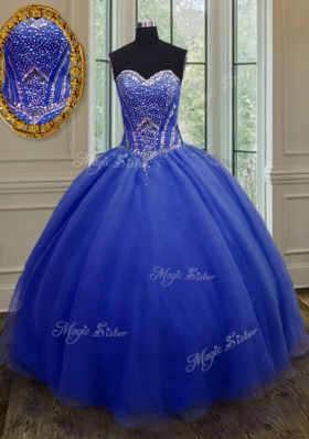 Low Price Floor Length Royal Blue 15th Birthday Dress Organza Sleeveless Beading and Belt