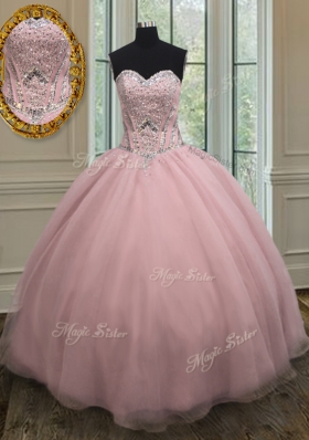 Organza Sweetheart Sleeveless Lace Up Beading and Belt Sweet 16 Dress in Baby Pink
