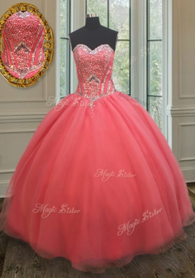 Romantic Watermelon Red Sleeveless Organza Lace Up Quinceanera Gown for Military Ball and Sweet 16 and Quinceanera