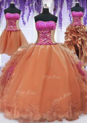 Shining Four Piece Orange Organza Lace Up Quinceanera Dresses Sleeveless Floor Length Embroidery and Ruffles