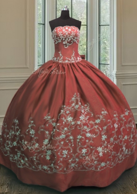 Custom Fit Rust Red Strapless Neckline Embroidery 15 Quinceanera Dress Sleeveless Lace Up