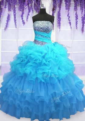 Fantastic Beading and Ruffled Layers and Pick Ups Quinceanera Gown Aqua Blue Lace Up Sleeveless Floor Length