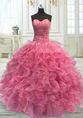 Rose Pink Sleeveless Floor Length Beading and Ruffles Lace Up Quinceanera Gowns