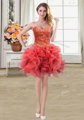 Stylish Coral Red Sleeveless Mini Length Beading and Ruffles Lace Up Glitz Pageant Dress