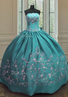Vintage Satin Strapless Sleeveless Lace Up Embroidery Quinceanera Dress in Teal