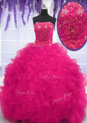 Fuchsia Strapless Neckline Beading and Ruffles Quinceanera Gown Sleeveless Lace Up