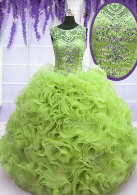 Inexpensive Scoop Sleeveless Organza Quinceanera Gown Beading and Ruffles Lace Up