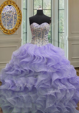 Lavender Sleeveless Floor Length Beading and Ruffles Lace Up Ball Gown Prom Dress