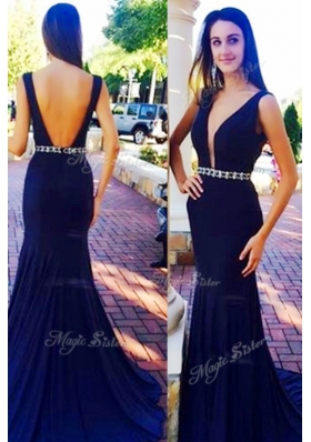Sleeveless Sweep Train Beading Backless Dress for Prom