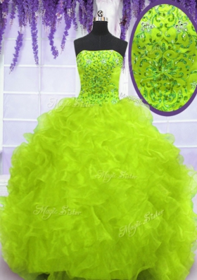 Sleeveless With Train Beading and Appliques and Ruffles Lace Up Sweet 16 Dress with Yellow Green Brush Train