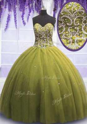 Trendy Beading and Appliques Quinceanera Gowns Olive Green Lace Up Sleeveless Floor Length