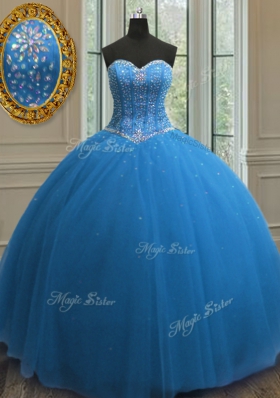 Elegant Tulle Sweetheart Sleeveless Lace Up Beading and Sequins Sweet 16 Quinceanera Dress in Blue