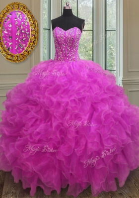 Fuchsia Sleeveless Beading and Ruffles Floor Length Quinceanera Gowns