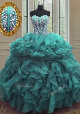 Artistic Turquoise 15 Quinceanera Dress Military Ball and Sweet 16 and Quinceanera and For with Beading and Ruffles Sweetheart Sleeveless Lace Up