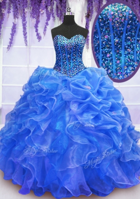 Blue Ball Gowns Beading and Ruffles Sweet 16 Dresses Lace Up Organza Sleeveless Floor Length