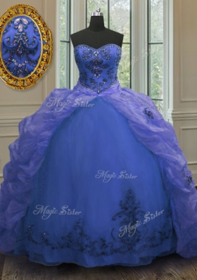 Glorious Pick Ups Court Train Ball Gowns Quinceanera Gowns Blue Sweetheart Organza Sleeveless With Train Lace Up
