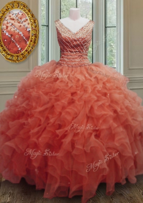 Graceful V-neck Sleeveless Organza 15 Quinceanera Dress Beading and Ruffles Zipper