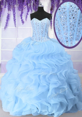 Light Blue Quince Ball Gowns Military Ball and Sweet 16 and Quinceanera and For with Beading and Ruffles Sweetheart Sleeveless Lace Up