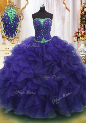 Nice Purple Strapless Lace Up Beading and Ruffles Quinceanera Gowns Sleeveless