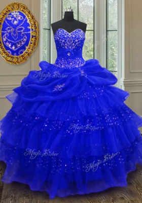 Pick Ups Ruffled Ball Gowns Sweet 16 Quinceanera Dress Royal Blue Sweetheart Organza Sleeveless Floor Length Lace Up