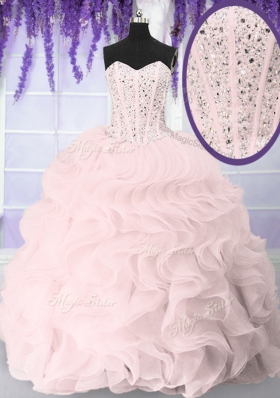Sumptuous Pink Sleeveless Organza Lace Up 15th Birthday Dress for Military Ball and Sweet 16 and Quinceanera