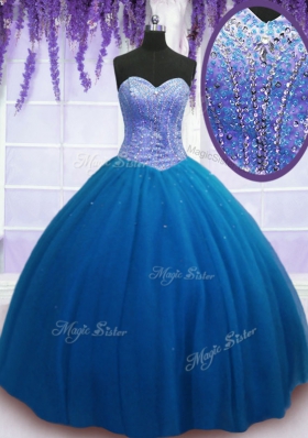 Teal Tulle Lace Up Sweet 16 Quinceanera Dress Sleeveless Floor Length Beading