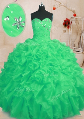 Green Organza Lace Up Sweetheart Sleeveless Floor Length Quinceanera Dresses Beading and Ruffles