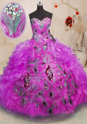 Designer Beading and Appliques and Ruffles Sweet 16 Dresses Purple Zipper Sleeveless Floor Length