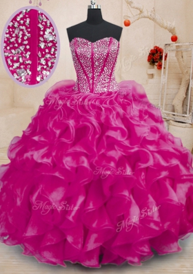 Fuchsia 15th Birthday Dress Military Ball and Sweet 16 and Quinceanera and For with Beading and Ruffles Sweetheart Sleeveless Lace Up
