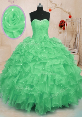 Graceful Green Organza Lace Up Sweet 16 Quinceanera Dress Sleeveless Floor Length Beading and Ruffles and Hand Made Flower
