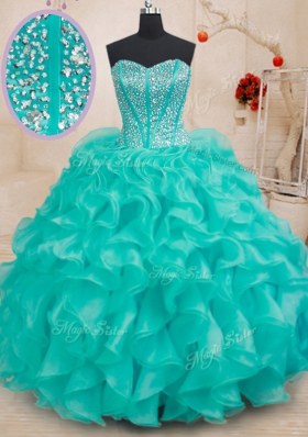 Turquoise Sleeveless Beading and Ruffles Floor Length Quinceanera Gown