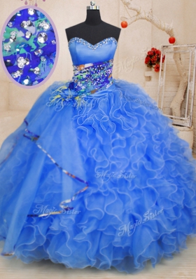 Fantastic Blue Sweetheart Lace Up Beading and Ruffles Sweet 16 Dress Sleeveless
