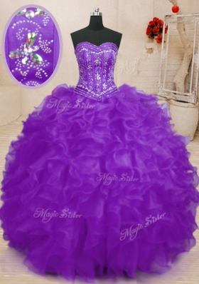 Floor Length Purple Sweet 16 Dress Organza Sleeveless Beading and Ruffles