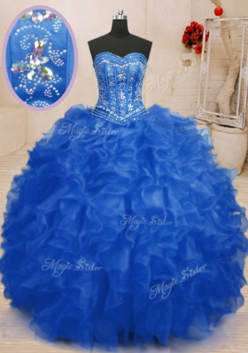Modern Blue Sweetheart Neckline Beading and Ruffles Ball Gown Prom Dress Sleeveless Lace Up