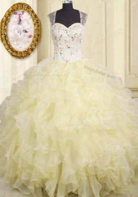 Glamorous Floor Length Ball Gowns Sleeveless Light Yellow 15th Birthday Dress Lace Up