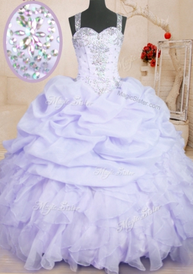 Top Selling Lavender Zipper Straps Beading and Ruffles and Pick Ups Sweet 16 Dress Organza Sleeveless