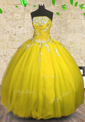 Appliques and Ruching Quince Ball Gowns Yellow Lace Up Sleeveless Floor Length