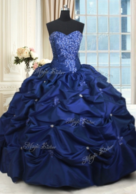 Custom Made Navy Blue Sweetheart Neckline Appliques and Pick Ups Sweet 16 Quinceanera Dress Sleeveless Lace Up