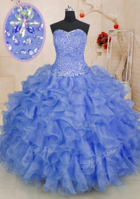 Customized Floor Length Lace Up Ball Gown Prom Dress Blue and In for Military Ball and Sweet 16 and Quinceanera with Beading and Ruffles