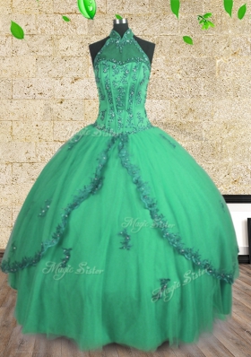 Discount Halter Top Sleeveless Tulle Floor Length Lace Up Vestidos de Quinceanera in Turquoise for with Beading