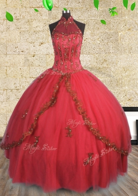 Fabulous Halter Top Red Lace Up Sweet 16 Quinceanera Dress Beading Sleeveless Floor Length