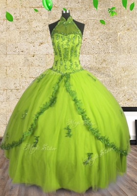 Halter Top Yellow Green Sleeveless Floor Length Beading Lace Up Quinceanera Gowns