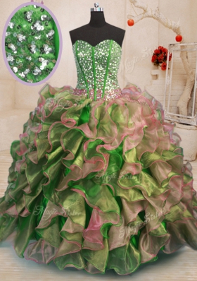 High End Multi-color Ball Gowns Beading and Ruffles 15th Birthday Dress Lace Up Organza Sleeveless Floor Length