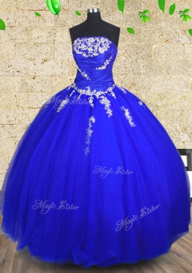 Lovely Floor Length Royal Blue Sweet 16 Quinceanera Dress Tulle Sleeveless Appliques and Ruching