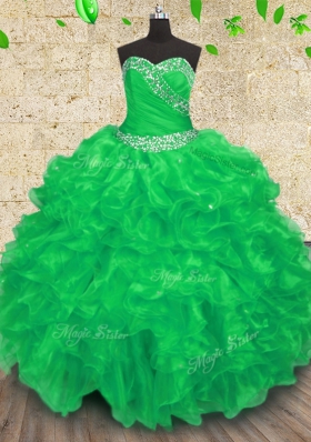 Organza Sweetheart Sleeveless Lace Up Beading and Appliques and Ruffles and Ruching Quince Ball Gowns in Green