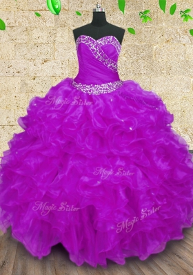 Simple Halter Top Purple Sleeveless Beading and Ruffles and Ruching Floor Length 15th Birthday Dress