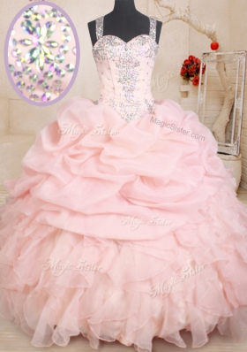 Straps Sleeveless Organza Quinceanera Gowns Beading and Ruffles and Pick Ups Zipper