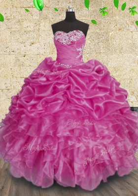 Beauteous Floor Length Fuchsia Quinceanera Gowns Organza Sleeveless Beading and Appliques and Ruffles and Ruching