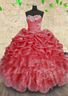 Coral Red Sleeveless Organza Lace Up Quinceanera Gowns for Military Ball and Sweet 16 and Quinceanera